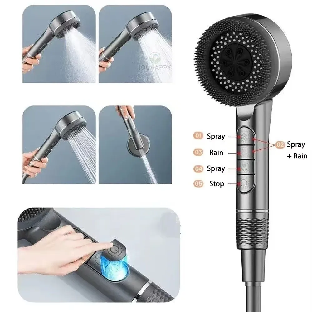 4 Modes Shower Head with Filter One-Key Stop Water Massage Shower Head Adjustable Large Flow High Pressure Showerhead