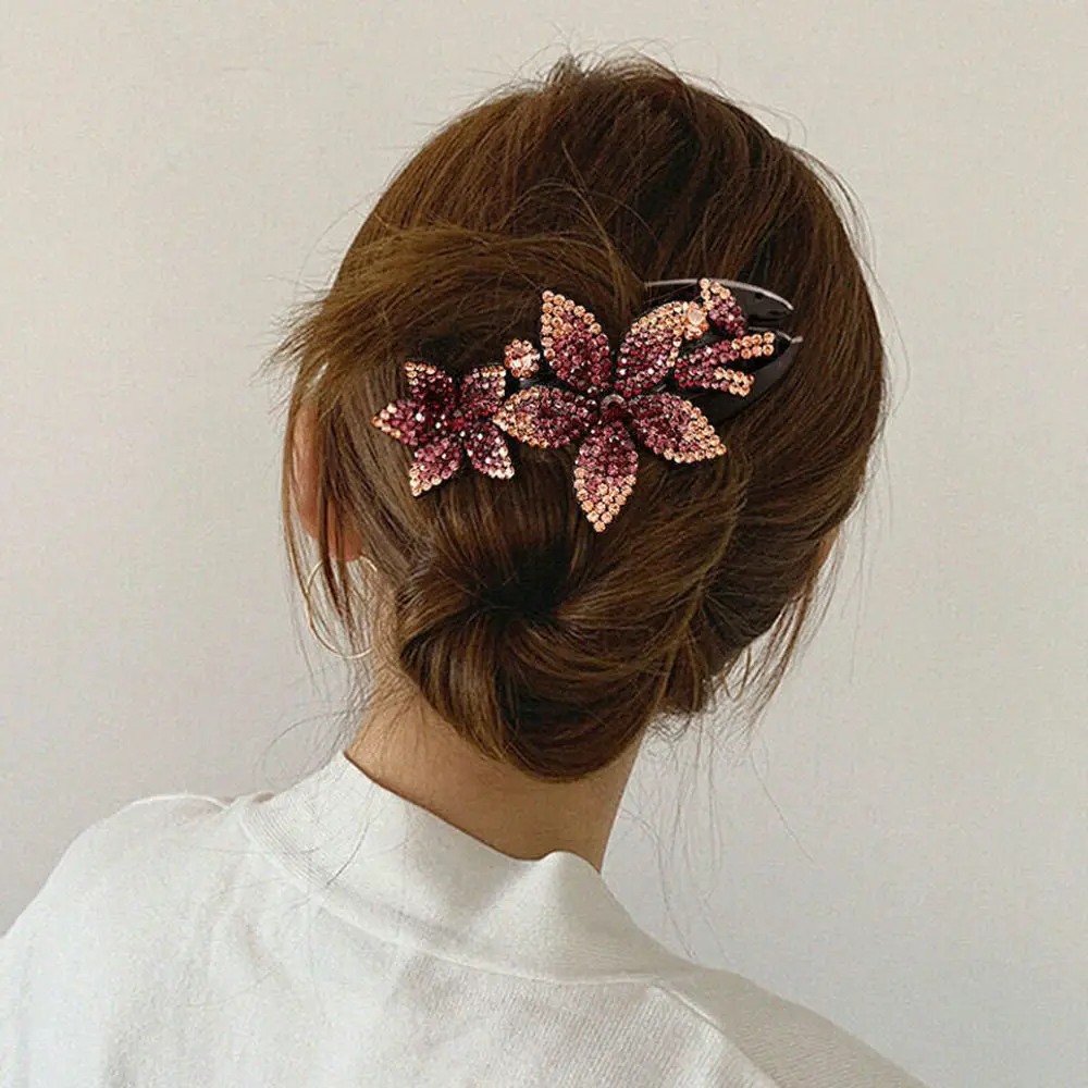 Hair Claw Women Hair Dovetail Clip Double Flower Hair Clip Rhinestone Durable Flexible
