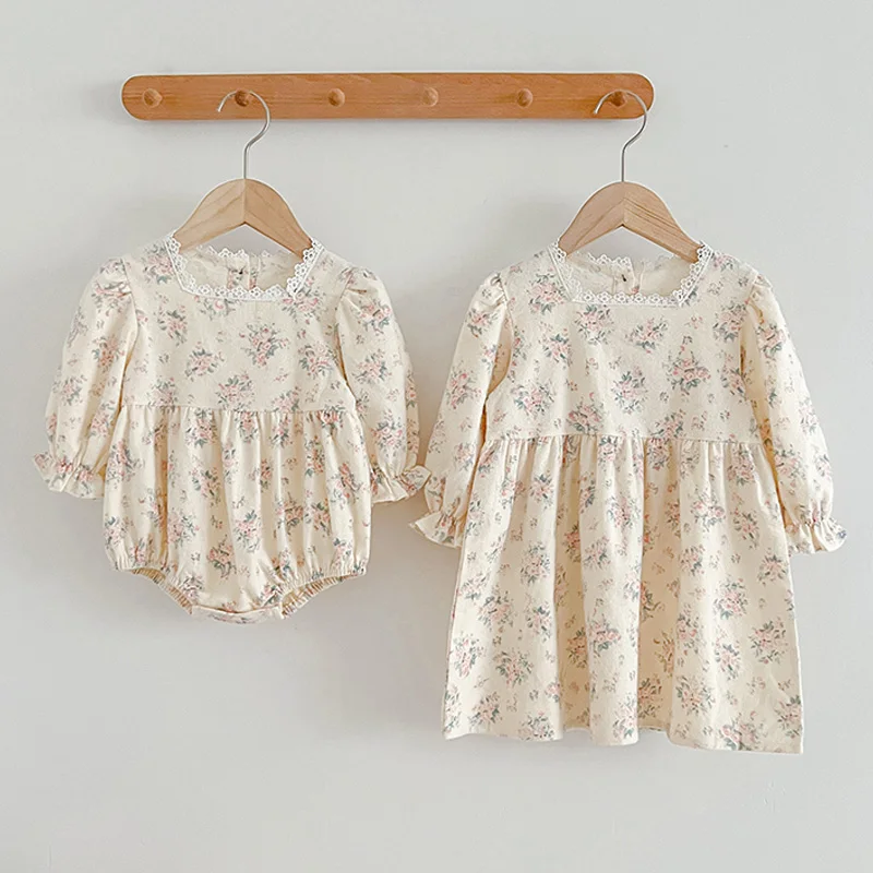 

Korean Baby Girls Clothes Spring Autumn New Dress Girl Floral Lace Princess Dress Baby Girls Romper Kids Sister Clothing Outfit