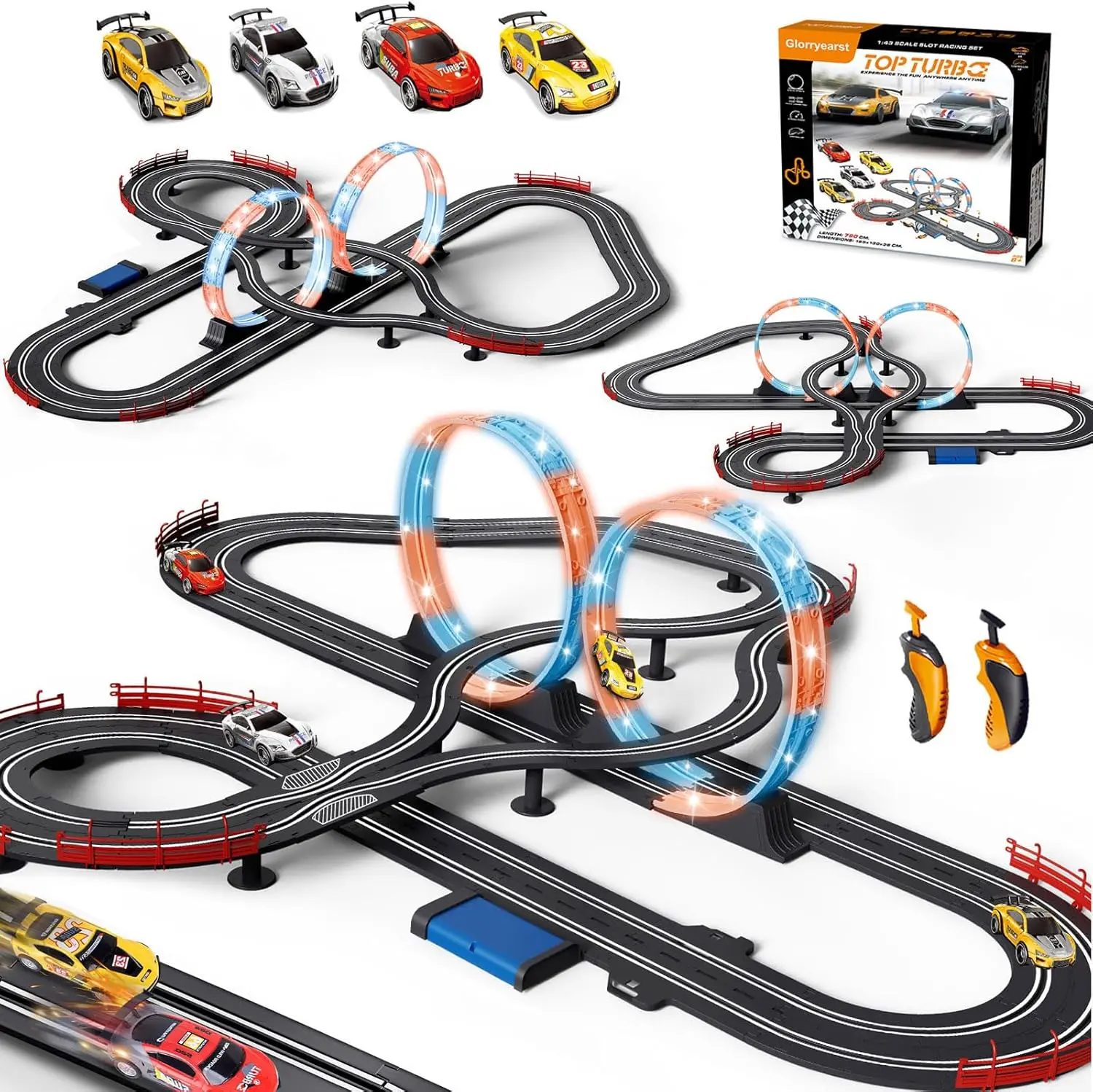 

Slot Car Race Track 1:43 Scale for Kids LED Tracks Electric Powered Dual Racing 4 Cars with Headlights Toy Big Track Sets