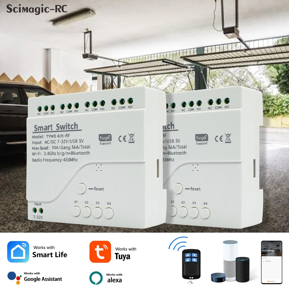 4チャンネルTuya WiFiスマートリレーワイヤレススイッチモジュール 7-32V 85-250V 12V 220V 110V 2200W RF433 10Aレシーバー Alexa Google Home対応