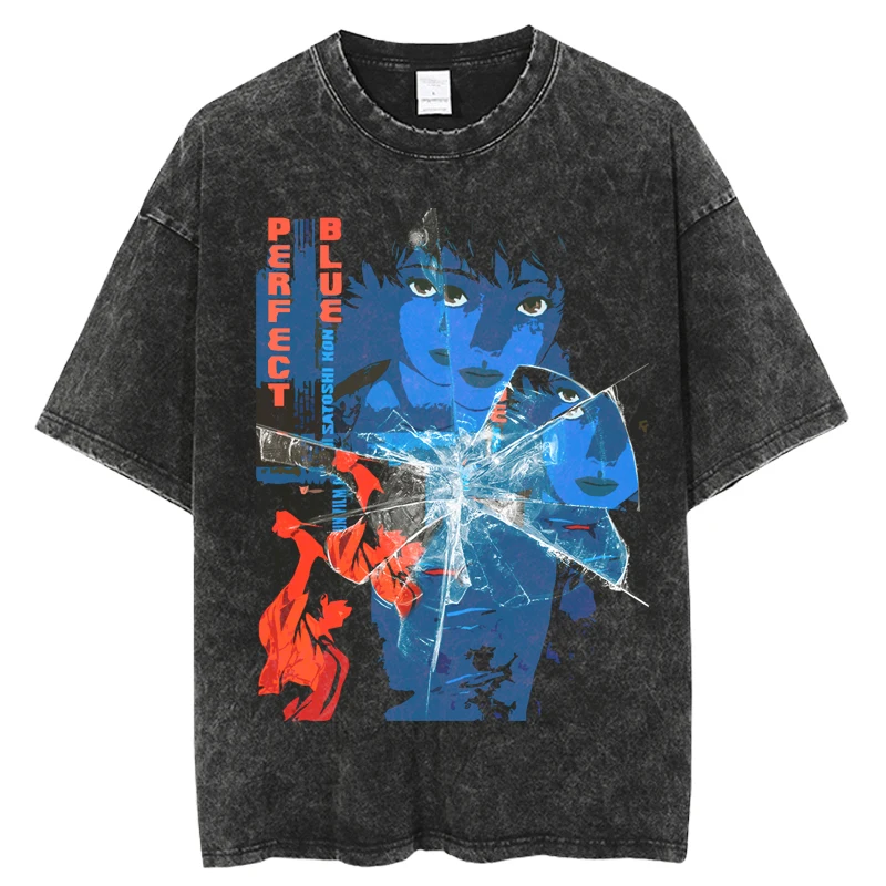 Japanese Anime Vintage Washed Perfect Blue T Shirt Summer Men Women Oversize Casual O-Neck Cotton Short Sleeve  T Shirt