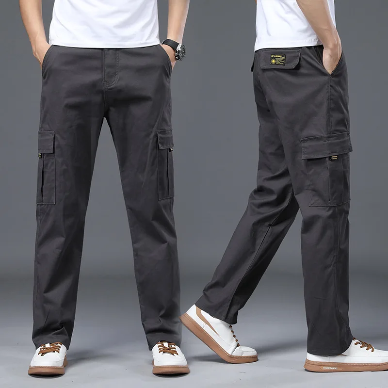 Four Seasons ใหม่ผ้าฝ้ายยืดกางเกงทํางานผู้ชายหลวมตรงเอวยางยืดสบายๆหลายกระเป๋ากางเกง