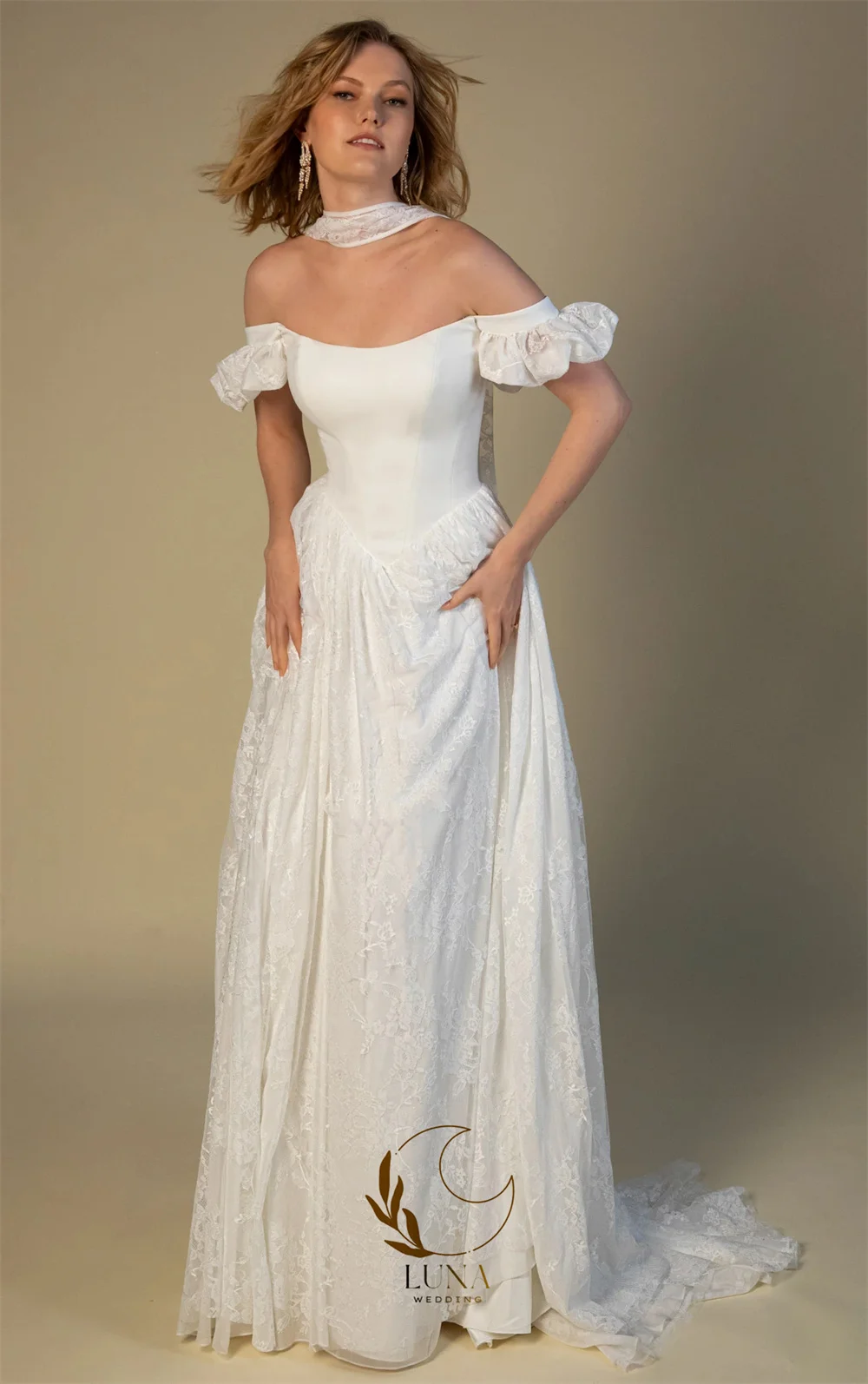 Luna Lace Patchwotk Elegant Korean Wedding Snap Dresses Customzied Puff Sleeves Bridal Gown with Scarf Photography Dresses