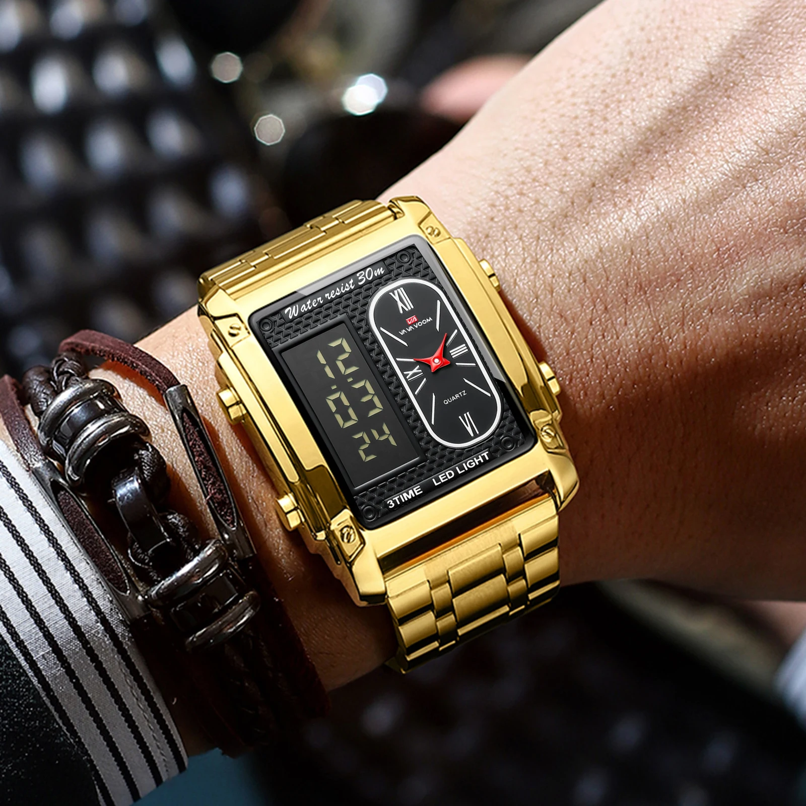 Stainless Steel Men Watch Original LED Electronic Quartz Movement Luxurious Business Timing Alarm Clock Waterproof Sports Watch