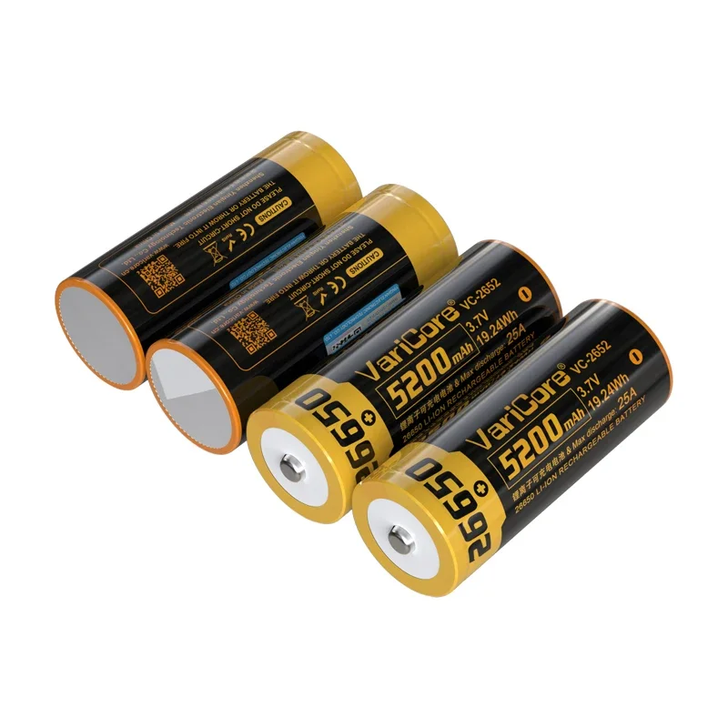 Rechargeable 26650 Lithium Battery VC-2652 3.7V 5200mAh 25A Cell for Strong Light Flashlight, No PCB Flat Top view 5