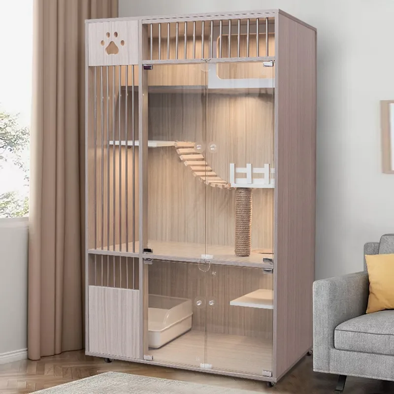 

Luxury Solid Wood Cat Villa with Animal Pattern Wholesale Indoor Pet House with Access Door for Small Animals for Living Room