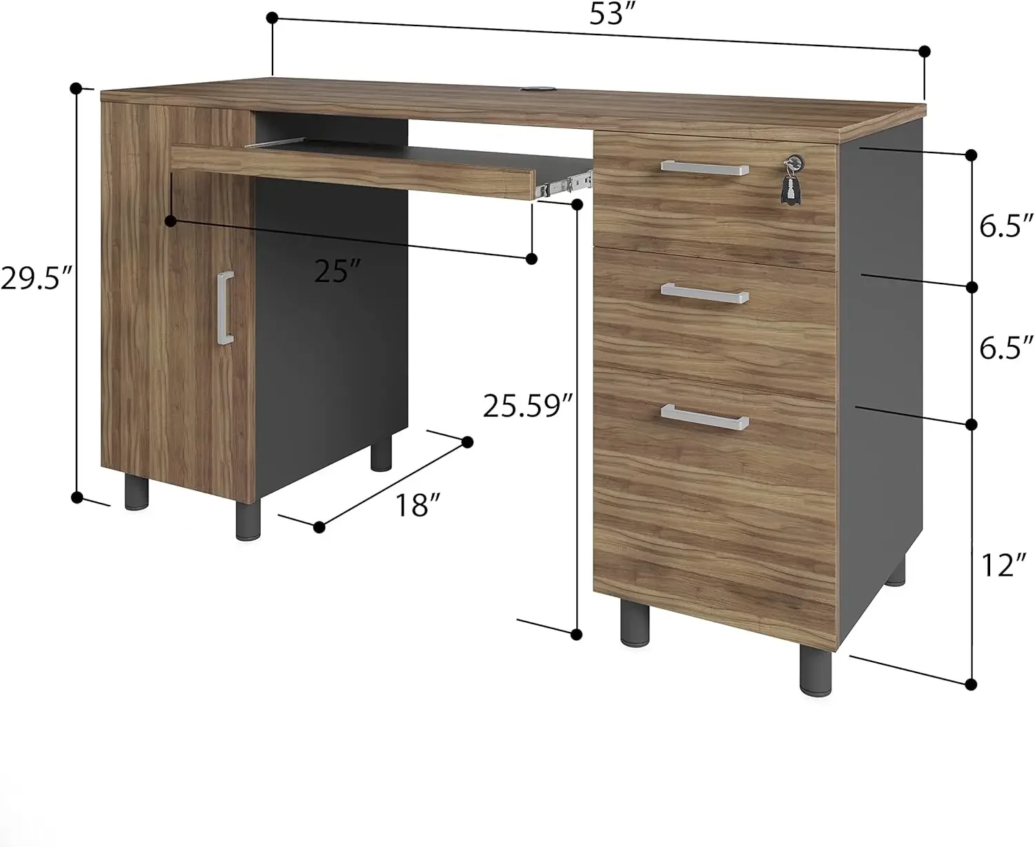 Modern Design Venice Computer Desk - Office Desk with 3 Drawers and CPU Storage Cabinet - Keyboard Tray and Cable Hole