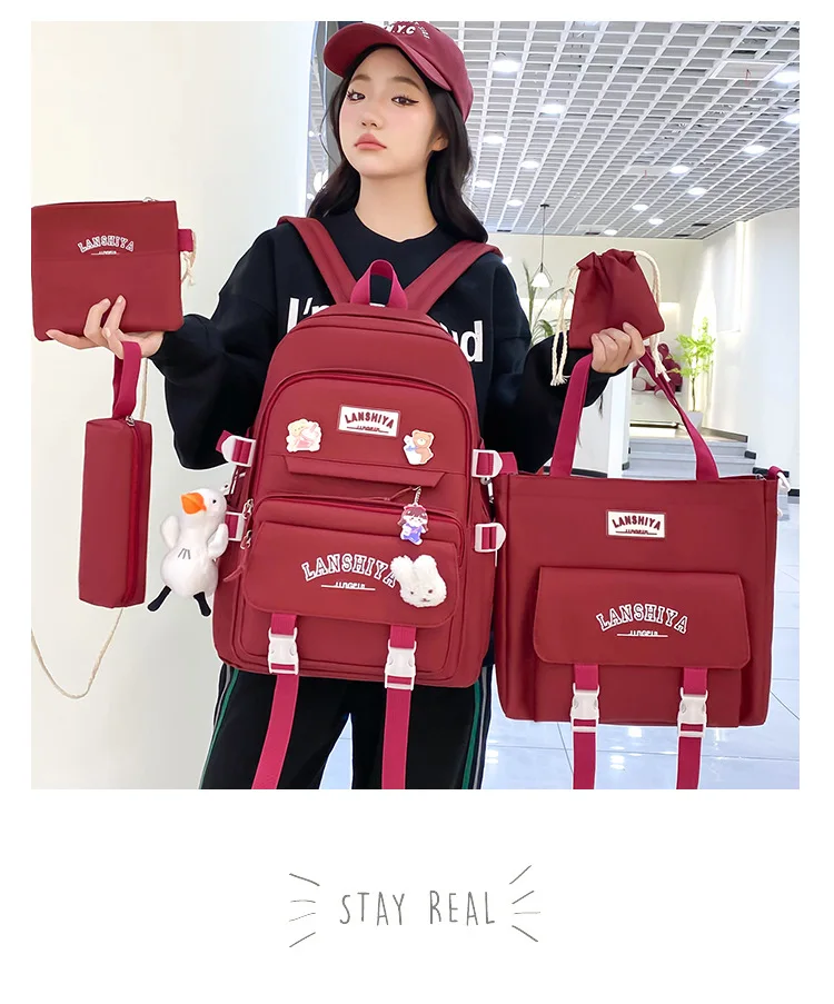 5-teiliges Set mit kostenlosen Anhängern im Waldstil, koreanische Version, lässiger Harajuku-Studentenrucksack für Mädchen mit großer Kapazität – Detail 11