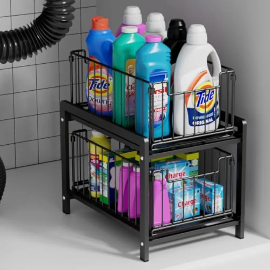 

2 Tier Sliding Basket Drawer Organizer Pull Out Under Sink Cabinets Organizers Metal Home Shelf for Bathroom or Kitchen Sliding