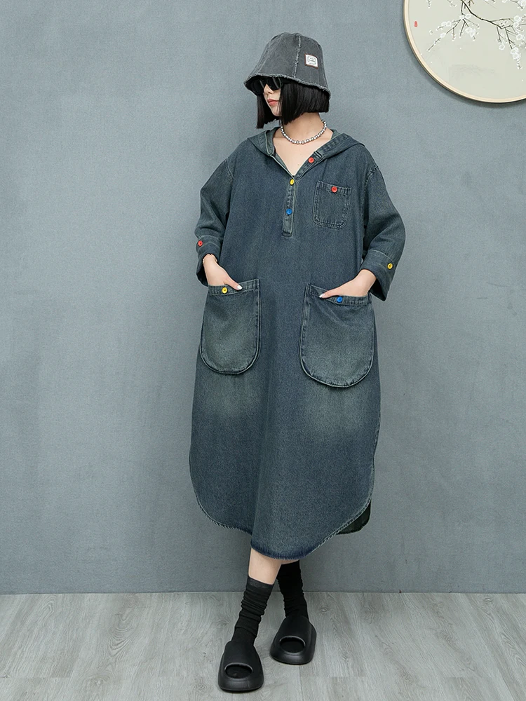

Women's Spring Retro Distressed Color Buttons Three-quarter Sleeves Hooded Pullover Loose Mid-length Large Pocket Denim Dresses