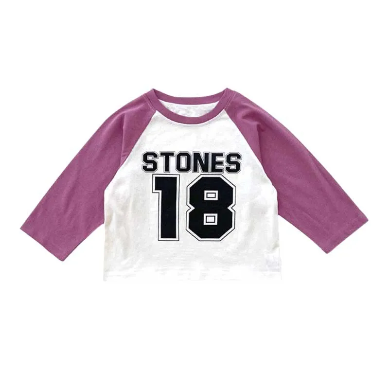 Children's Letter Print Splicing Long-Sleeved T-Shirt Children's Round Neck Cotton Tops Children's Clothing 0-12 Years Old