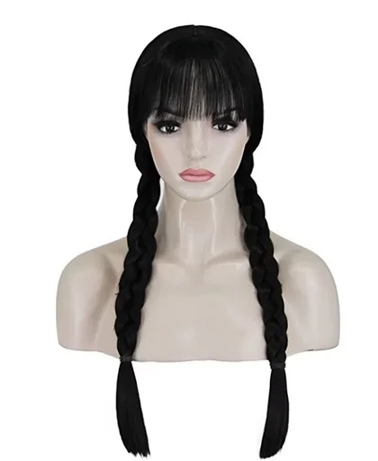 Wednesday Addams Cosplay Wig Movie Long Black Braids Hair with Bangs Halloween Party Accessory