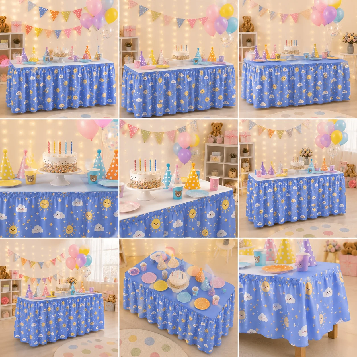 Bright blue sun cloud star print table skirt, cute smile sun cloud elastic table edge lotus leaf edge