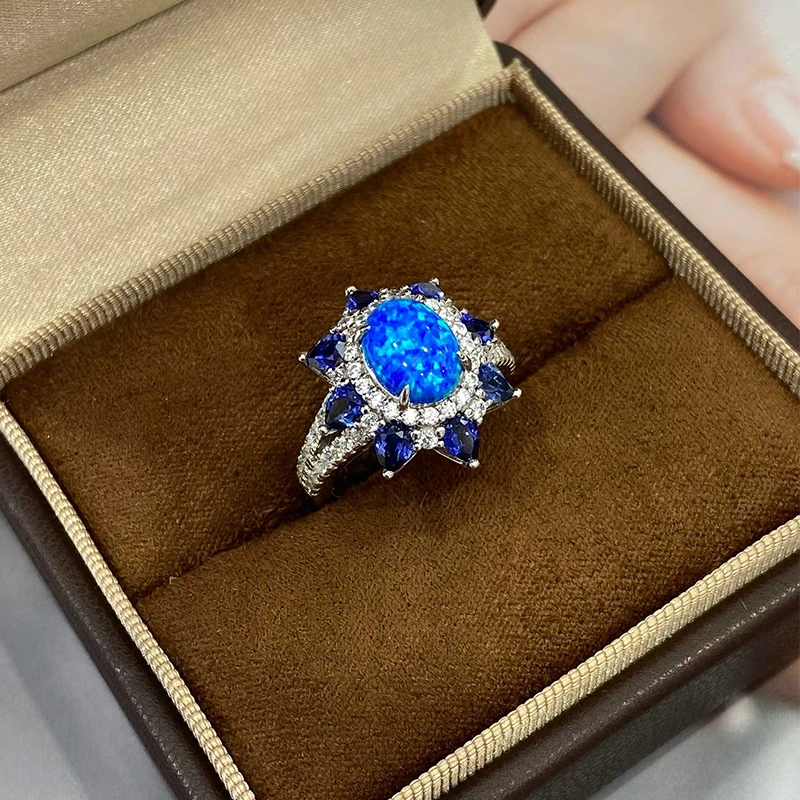 KEEP YES 7*9mm Lab Grown Symthetic Royal Blue Sapphire Ring for Women 925 Sterling Silver 18K White Gold Wedding Fine Jewelry