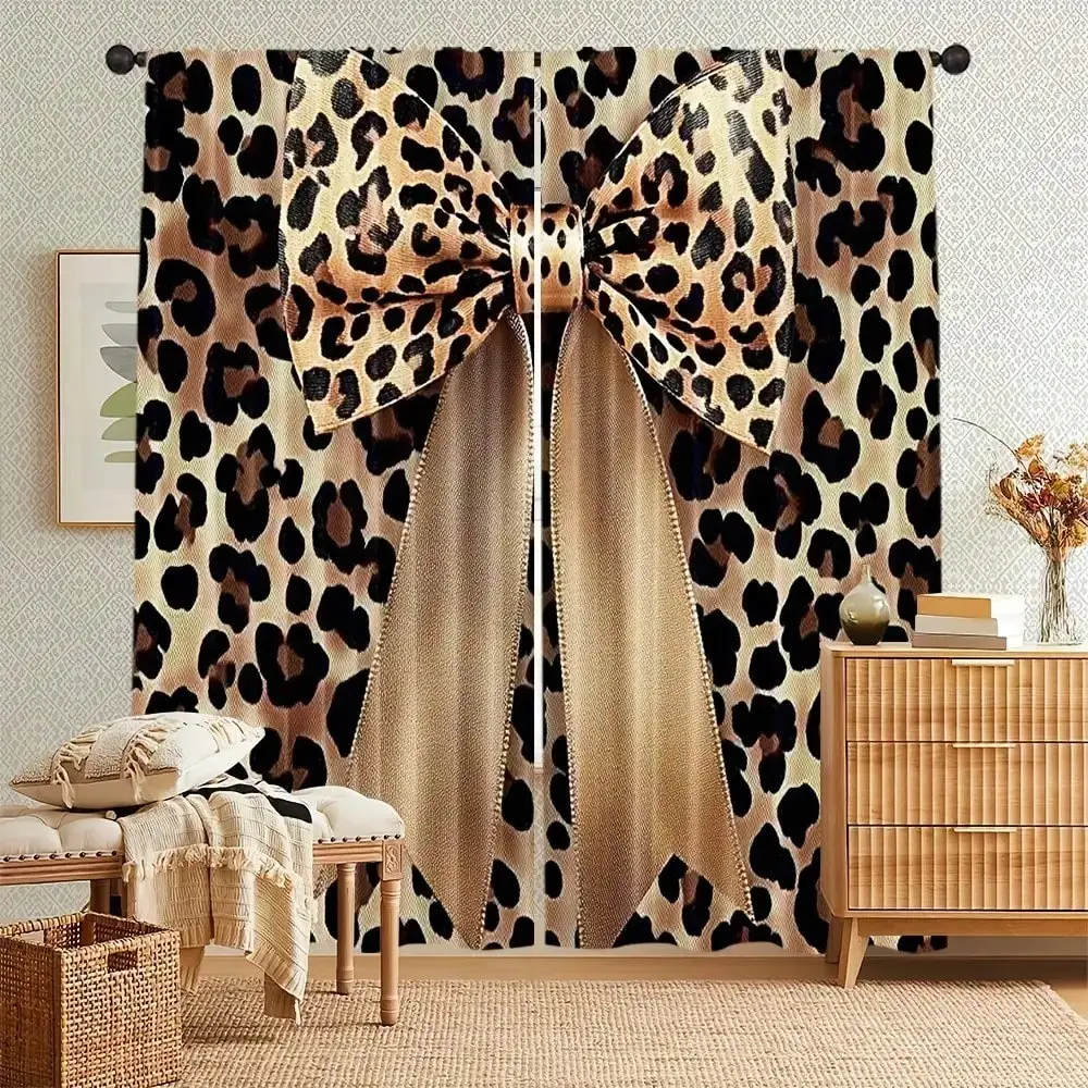 Set Of 2 Elegant Princess Bow-Tie Brown Leopard Print Curtains - 100% Polyester, Blackout Window Drapes For Living Room