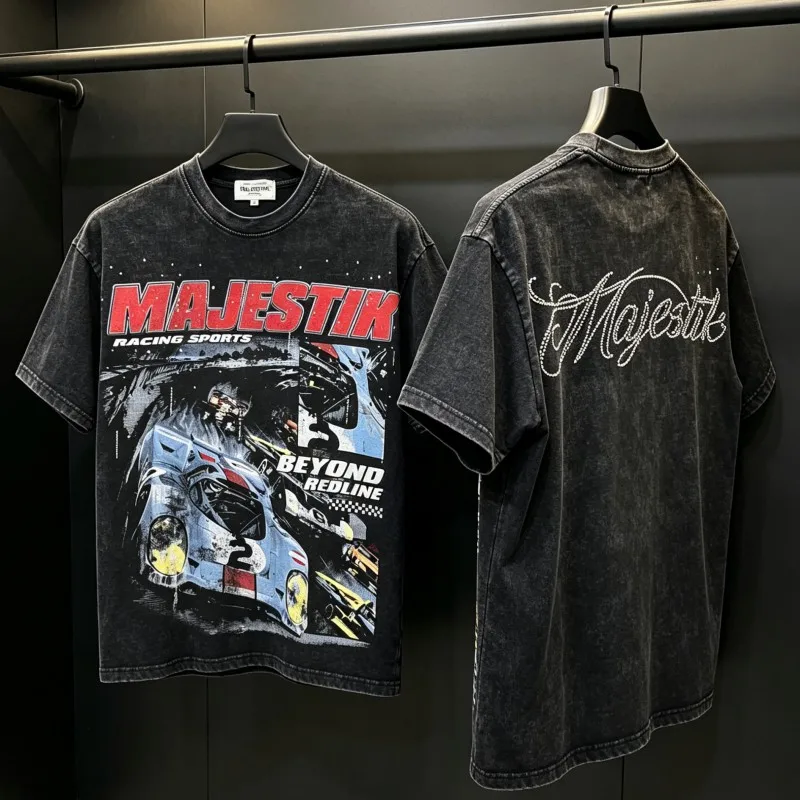 Graffiti Fading No.2 Racing Print MAJESTIK Tshirts Vintage Distressed Rhinestone Letter Hiphop Street Men Women Summer Outfit