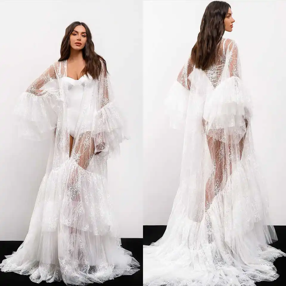 

Graceful Women Nightgown Pajamas Appliques Sequins Long Sleeve Bridal Wedding Bathrobe for Photography Customized