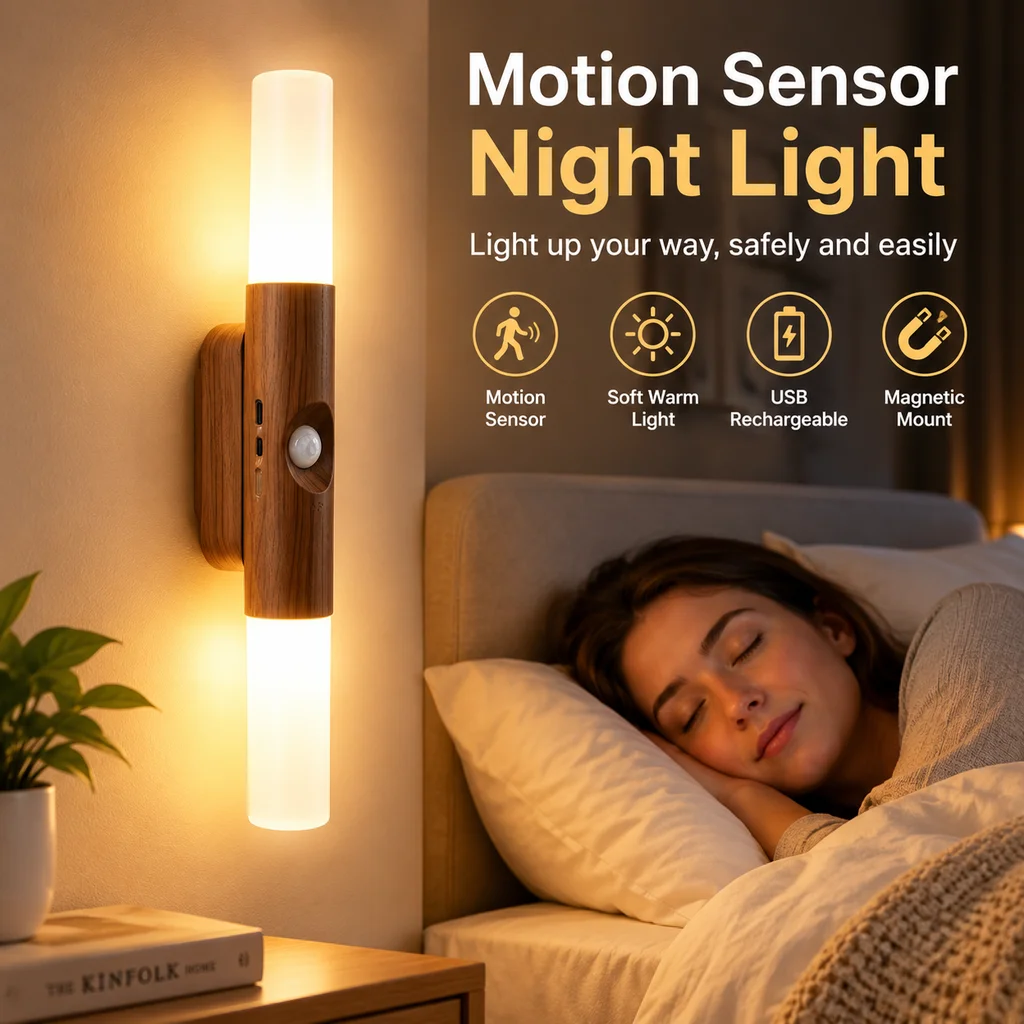 Motion Sensor LED Night Light USB Rechargeable Magnetic RGB 3 Color Bedside Lamp for Bedroom Stairs Closet Cabinet Hallway  ﻿