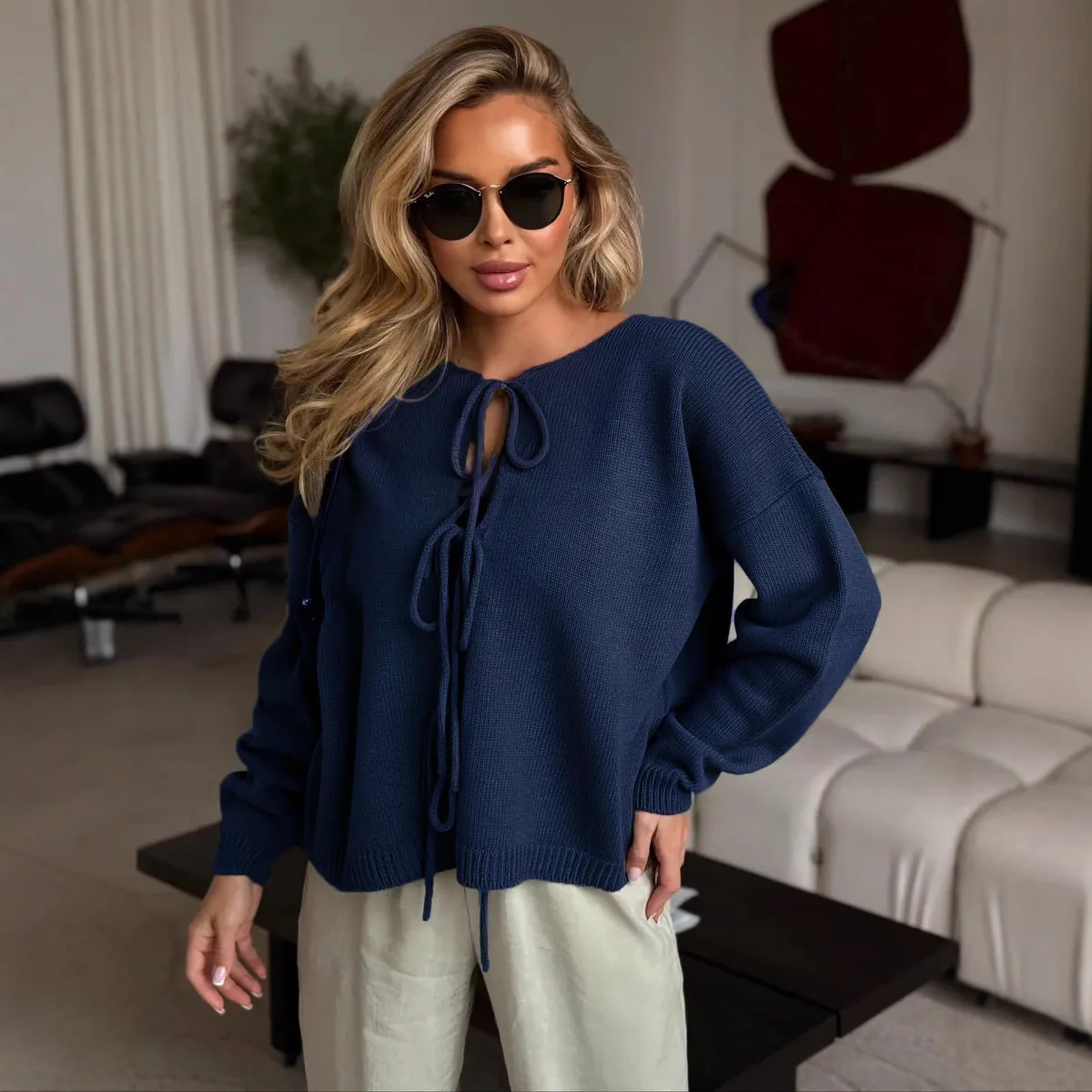 Autumn And Winter Knitted Autumn And Winter Women's Casual Loose Cardigan Lace-up Solid Color Sweater