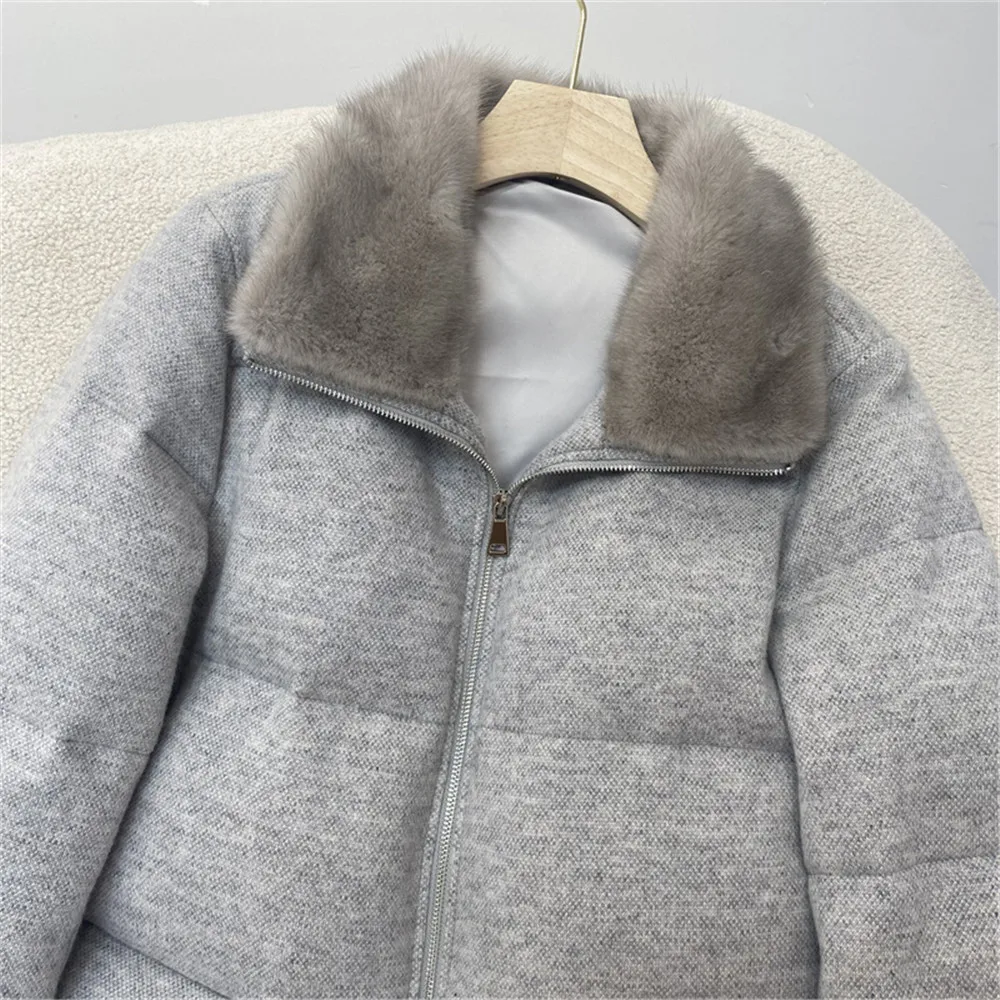 High Quality Women's Cashmere Wool Knitted Goose Down Jacket Winter Warm Mink Fur Collar Fur Coat