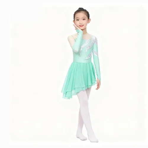 Vestido de baile lírico de Ballet artístico para niñas, gimnasia, patinaje artístico, manga larga, escote redondo, lentejuelas brillantes, vestido de bailarina