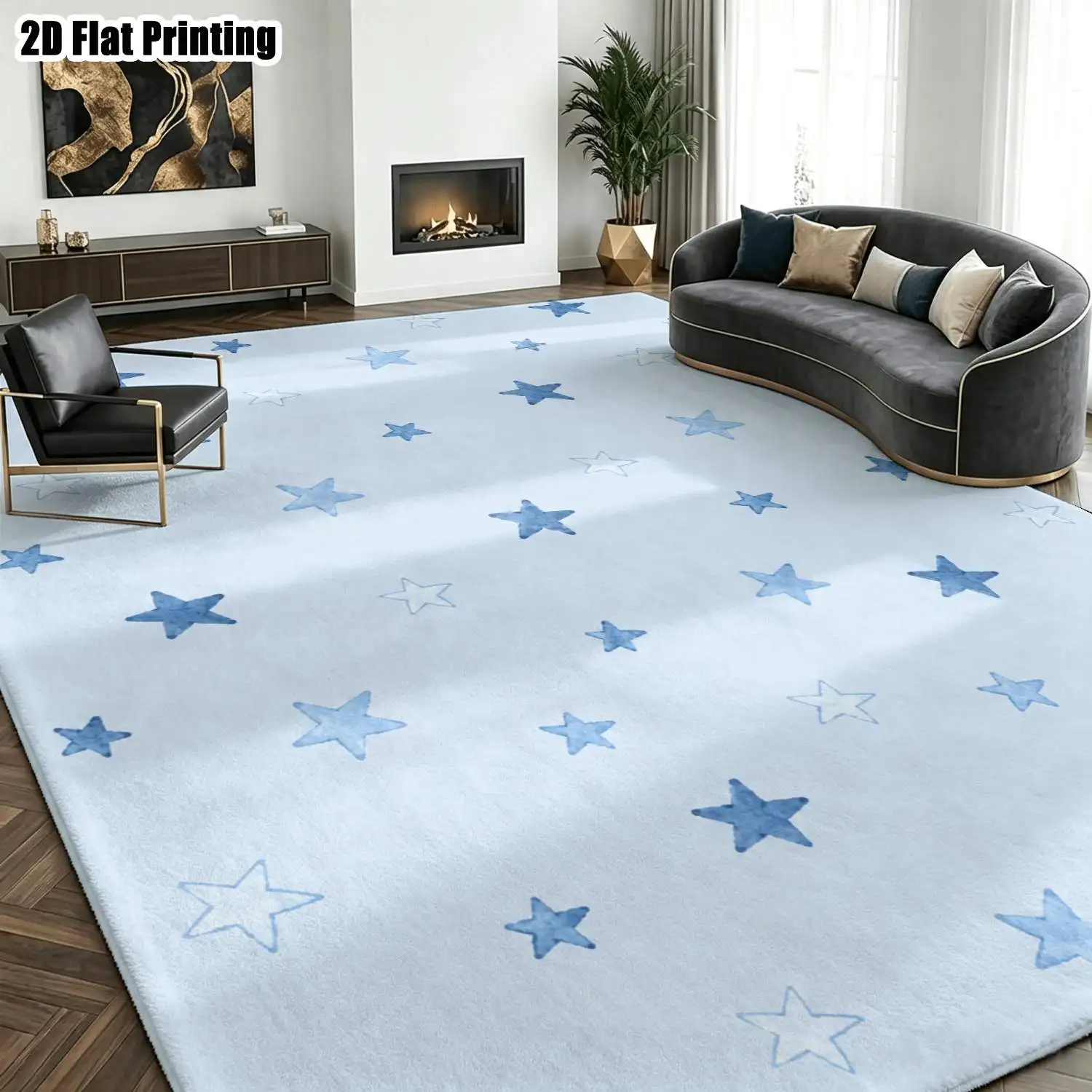 1Pc 2D Printed Carpet: Light Blue Star Pattern, Nordic/Instagram Style, Modern Minimalist Geometric Floor Mat, Home Decor, Multi-Size, Machine Washable, Suitable for Entrance, Dining Room, Foyer, Bedroom, Living Room