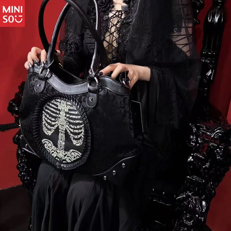 Miniso Gothic Lolita Skeleton Print Bag, Vintage Lace Flocking Crossbody, Dark Punk Shoulder Purse