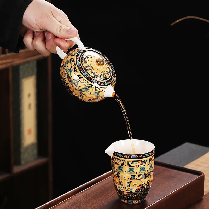 Hängendes Teeservice, Fengming-Teekanne, komplettes Set mit spiralförmigem Deckel, Emaille-Teeset in Geschenkbox