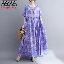 THHONE Robe Plus Size 100KG Summer Dress Women Floral Loose Vestidos Para Mujer Casual Maxi Print Cotton Linen Oversized BOHO