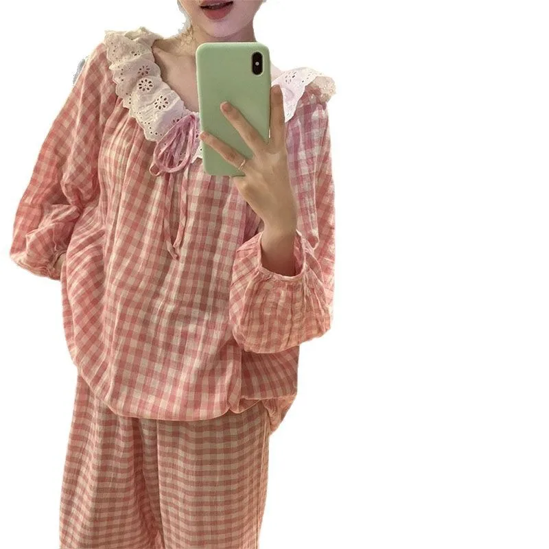 بيجامة حلوة ذات ياقة كبيرة من الدانتيل للنساء مع أكمام طويلة منقوشة وسراويل طويلة ملابس منزلية للطلاب مقاس كبير مكونة من قطعتين #4