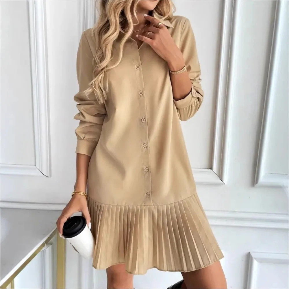 

Pleated Splicing Dress Spring Summer Women's Shirt Collar Single-breasted Twist-button Casual Solid Color Shirt Dress Ropa Mujer