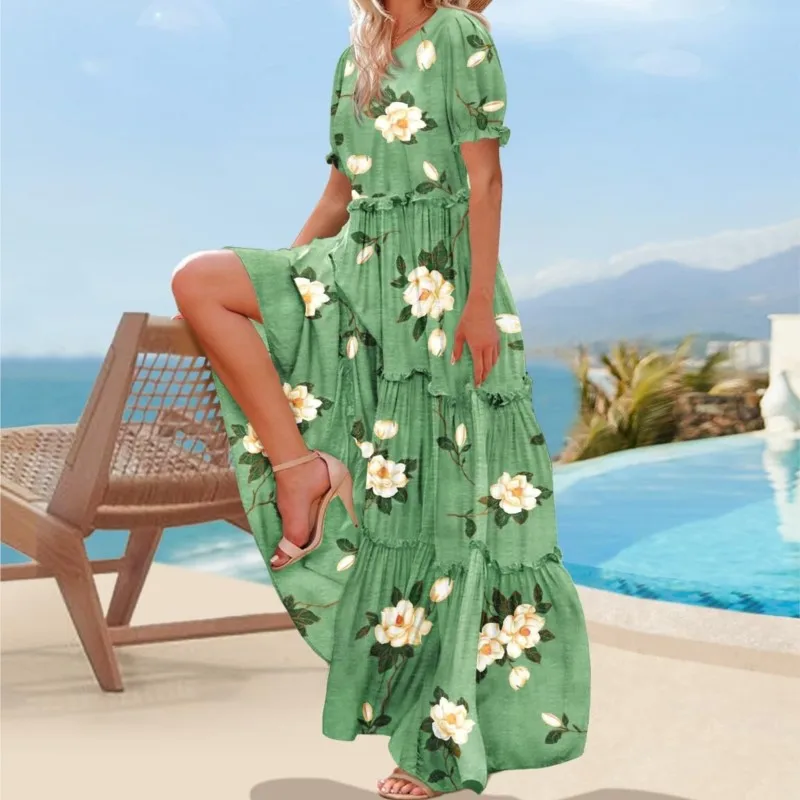 

Y2k Fashion Floral Print A-line Dress Women's Summer Leisure Beach Vacation Loose Dresses Ladies Bohemia Short Sleeves Vestidos