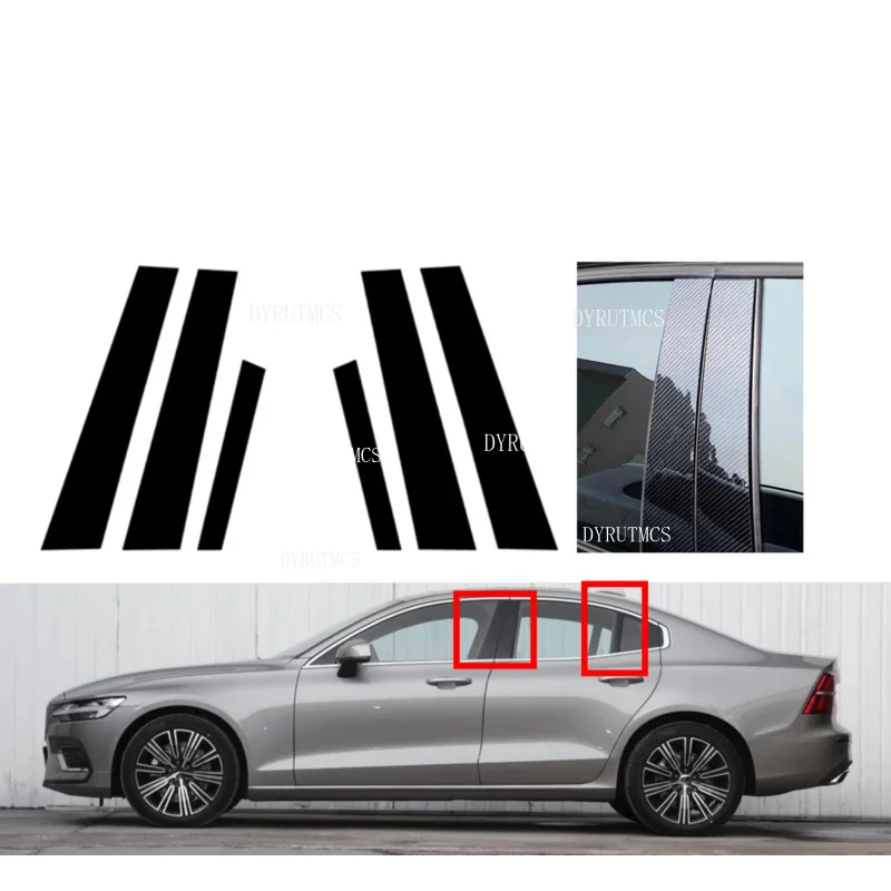 6PCS  Glossy Black  Window Pillar Posts Fit For Volvo S60 2011 2012 2013 2014 2015 2016-2018  Molding Cover Trim Silver Carbon
