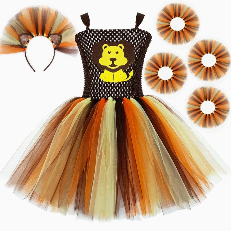 Whimsical Savannah Lion Tiered Ball Gown Wildlife Themed Mesh Tutu for Jungle Gathering Halloween Parade Masquerade Photography