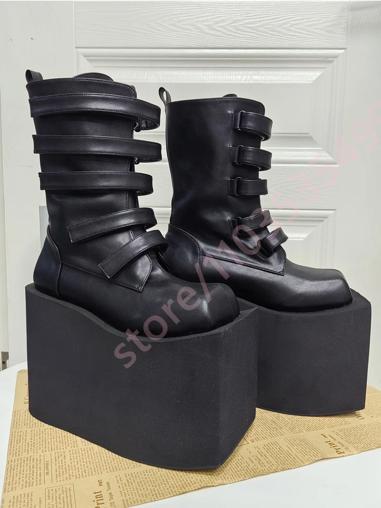 

Platform Punk Square Mid-Calf Boots Winter New Hook & Loop Height-Increasing Wedge Heel Stage Boots Fashion Party Casual Boots