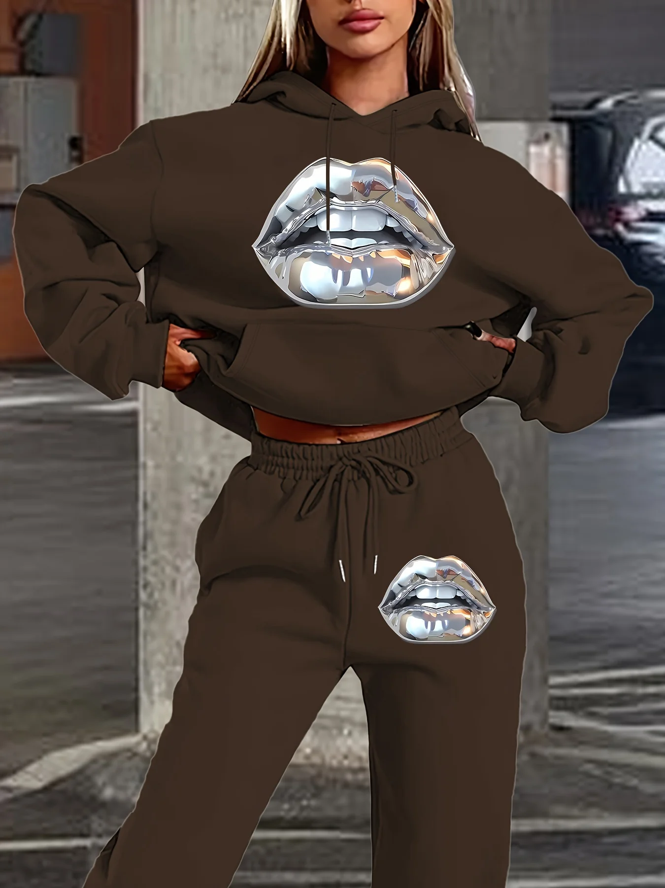2025 جديد فضي الشفاه طباعة ثلاثية الأبعاد مطبوعة المرأة مقنعين طويلة الأكمام البلوز مجموعة للترفيه المنزلي