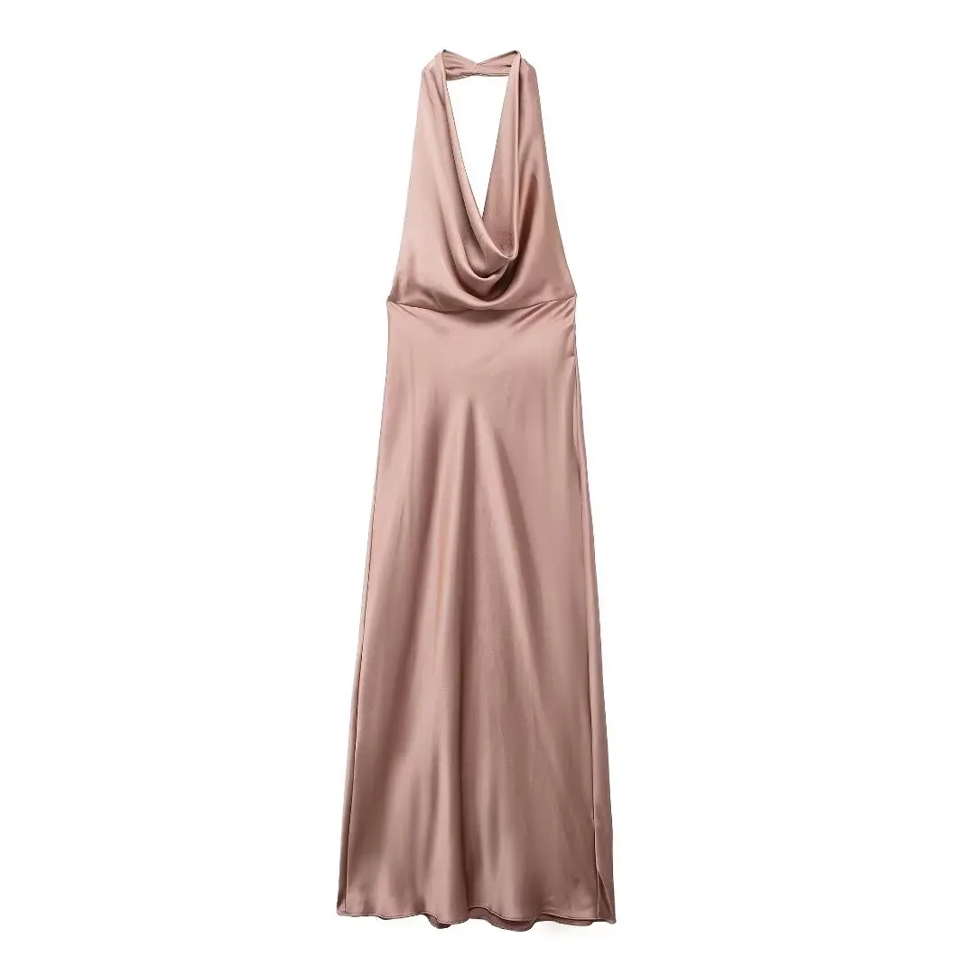 Women's 2024 New Chic Fashion Halter Satin Hanging Neck Long Dress Retro Sleeveless Women's Dress Mujer