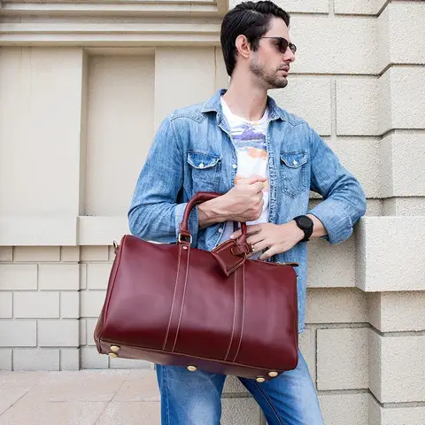 45cm Crazy Horse Leather Men Women Travel Bag Retro Handbag  Cowhide Travel Shoulder Bag for plane inside Male Weekend