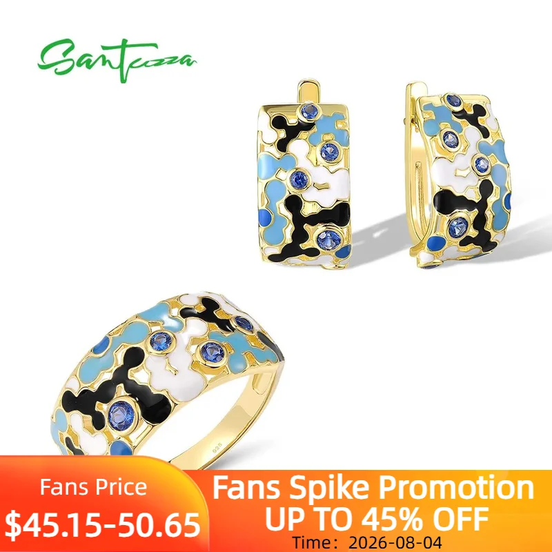 SANTUZZA 925 Silver Jewelry Set For Women Sparkling Enamel Color Earrings Ring Abstract Pattern Wedding Engagement Fine Jewelry