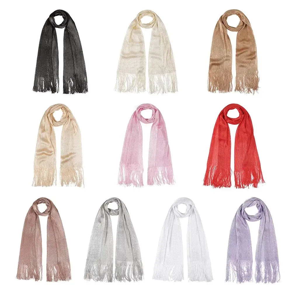 Syal Sutra Rumbai Renda Tabir Surya Penutup Leher Tipis Syal Mengkilap Keperakan Emas Jilbab Bib Mode untuk Musim Semi Musim Panas Musim Gugur