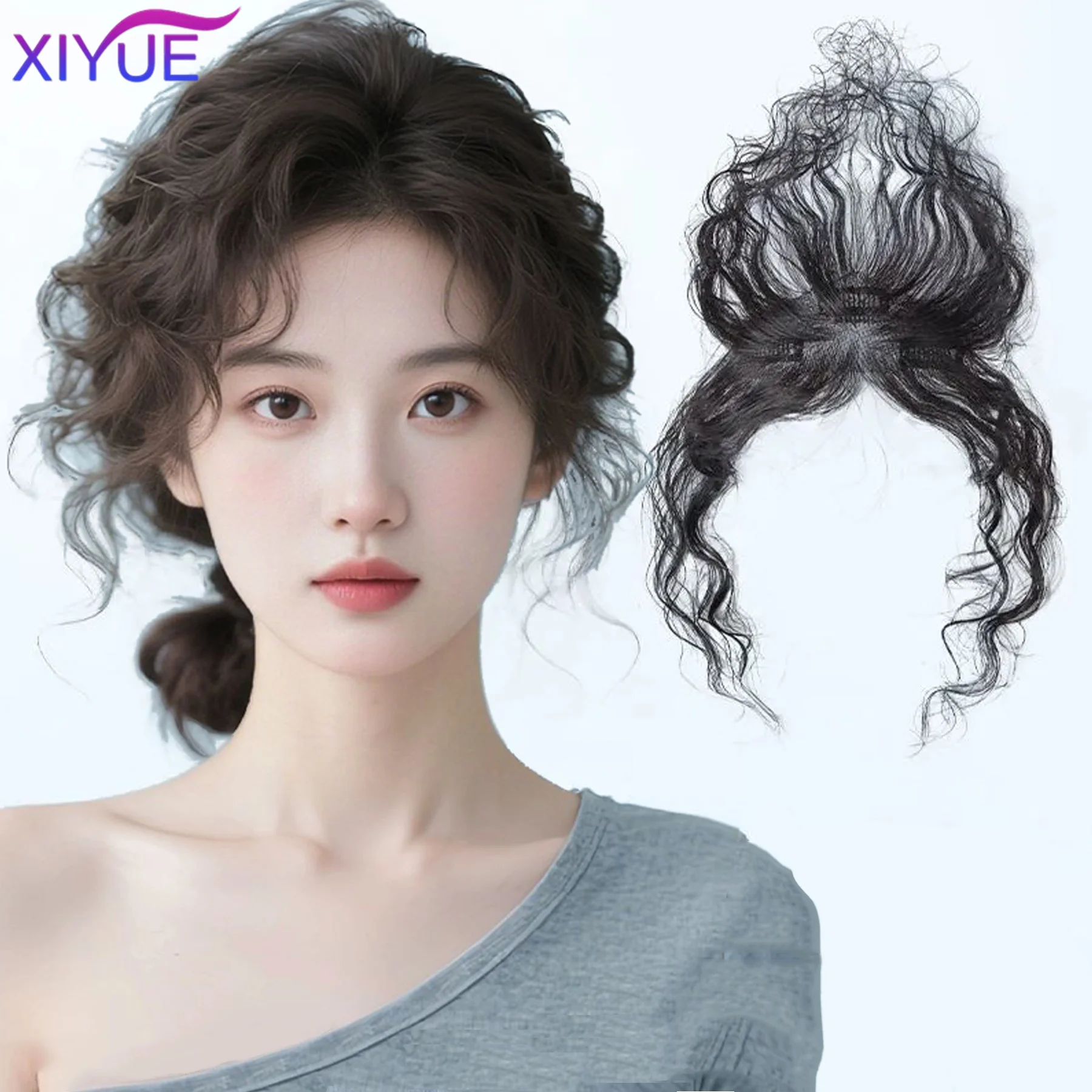 

Clip In Human Hair Curly Bangs Handmade Invisible Swiss Lace Base Hairpiece Thin Wool Curly Hair For Hairline Baldness