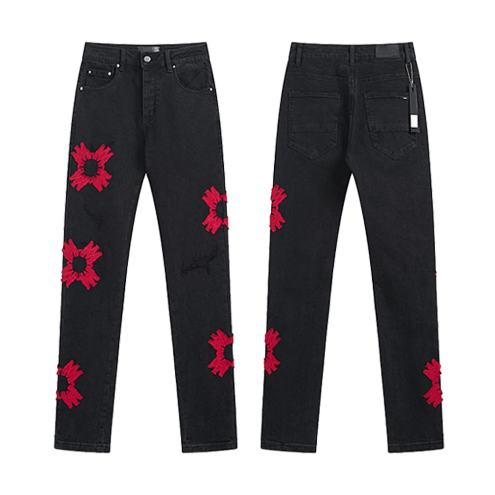 ロック復活ジーンズストリートスタイルファッション刺繍リッピングカジュアルスリムフィットジーンズストリート服レトロヴィンテージパンツ男性用