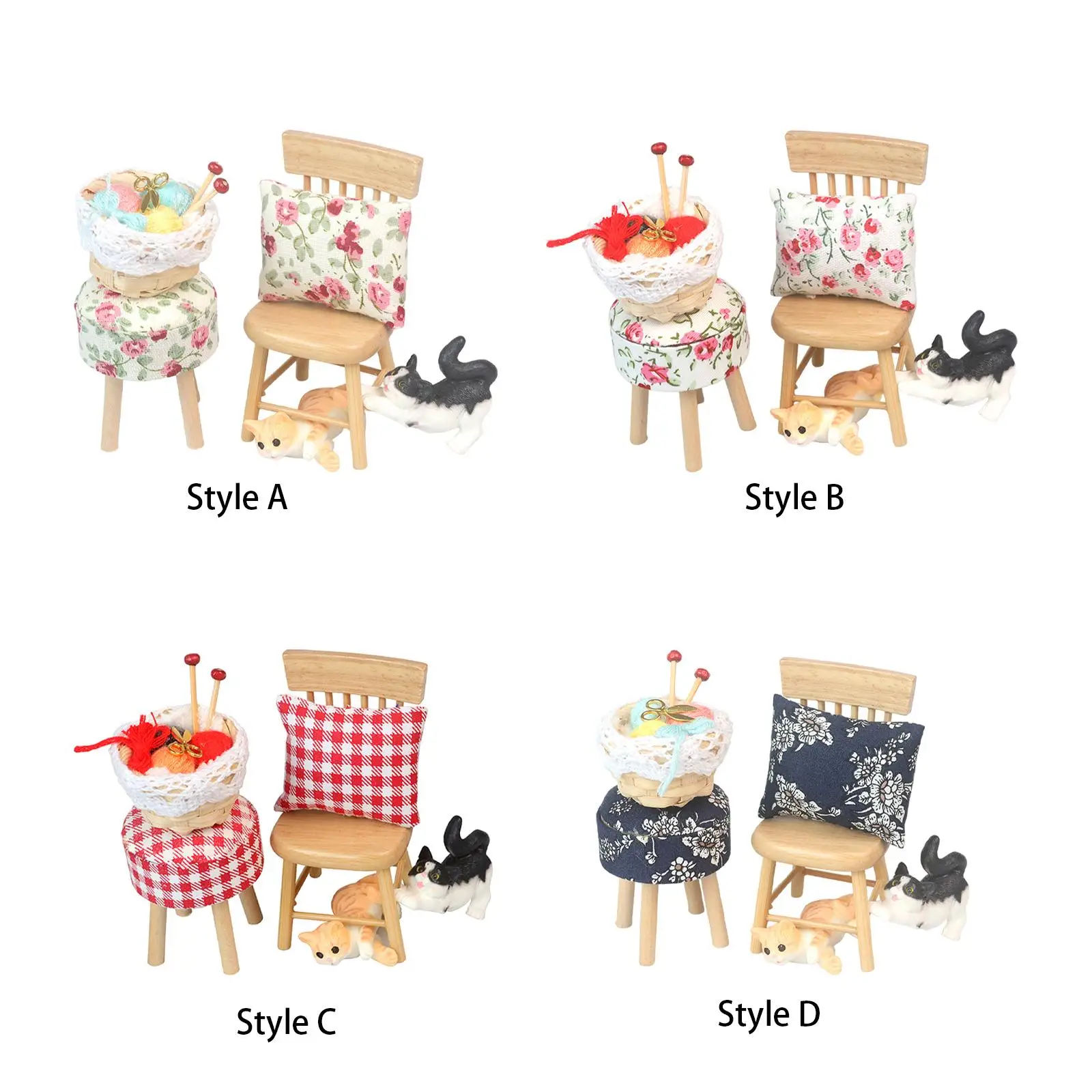 

1:12 Dollhouse Miniature Chair Set with Cats Mini Round Stool Chair Toy