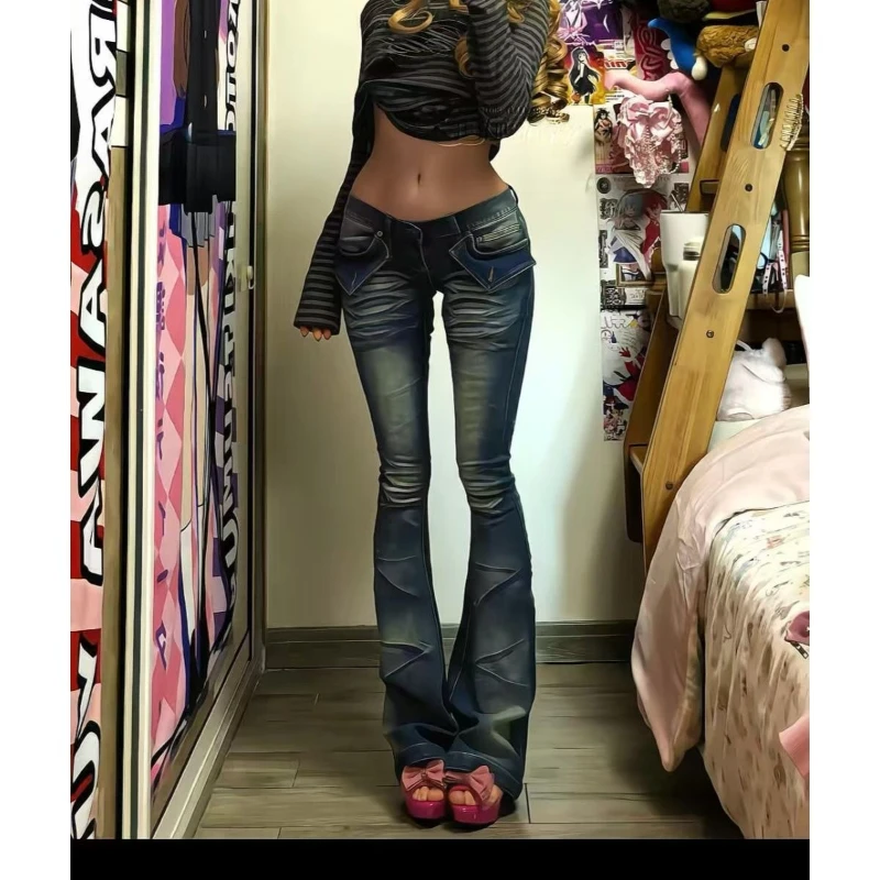 American Vintage Low Waist Flare Jeans Long Length Washed Women Casual Y2k Retro Bootcut Denim Pants Bodycon Autumn Winter 2026