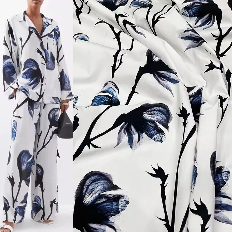 

Blue Flower Printed Poplin Cotton Or Satin Fabric For Women's Dress Blouse DIY Cloth Sewing Material Fashion Show