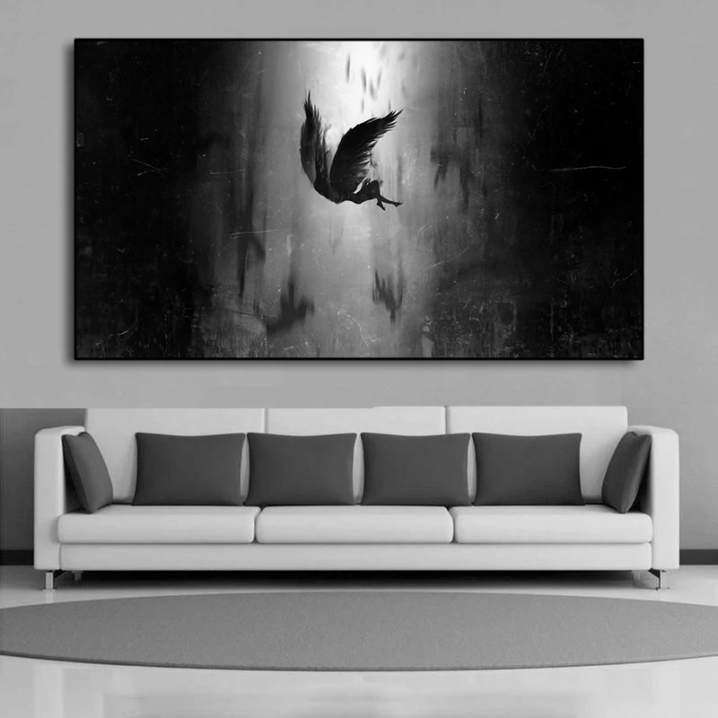 The Angel Lucifer Falls From Heaven Canvas Painting Black Wings Anime Posters and Prints for Living Room Decoration Cuadros