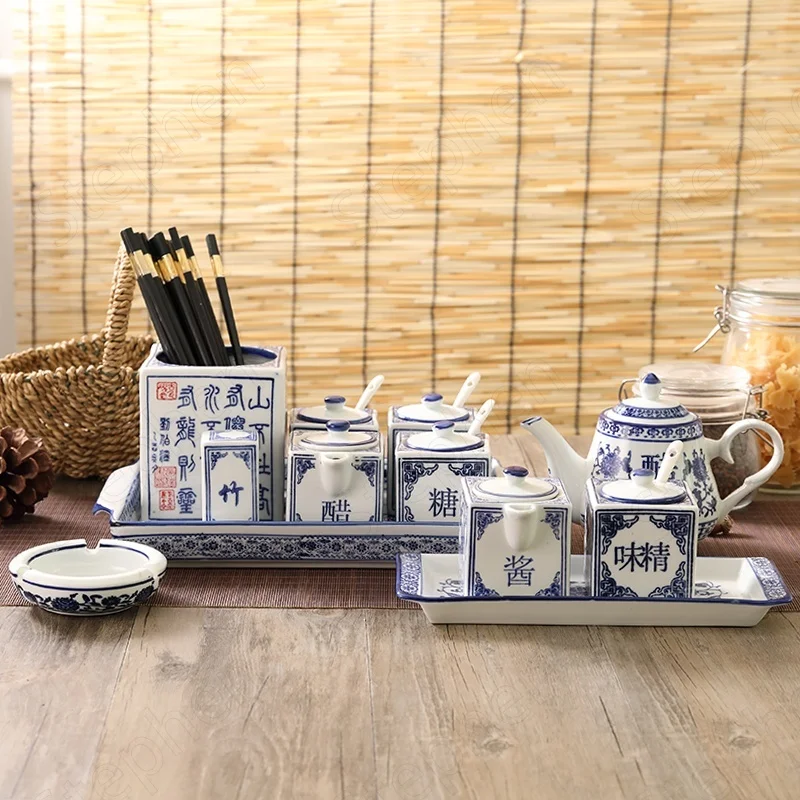 Blue and White Ceramic Canister Set Kitchen Chinese Vintage Spice Jars Salt Sugar Monosodium Glutamate Vinegar Chili Soy Bottle