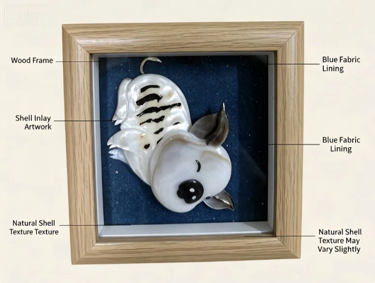 Cute Ox Shell Inlay Framed Decor, Handmade Natural Shell Art Desktop Ornament Home Decoration Gift