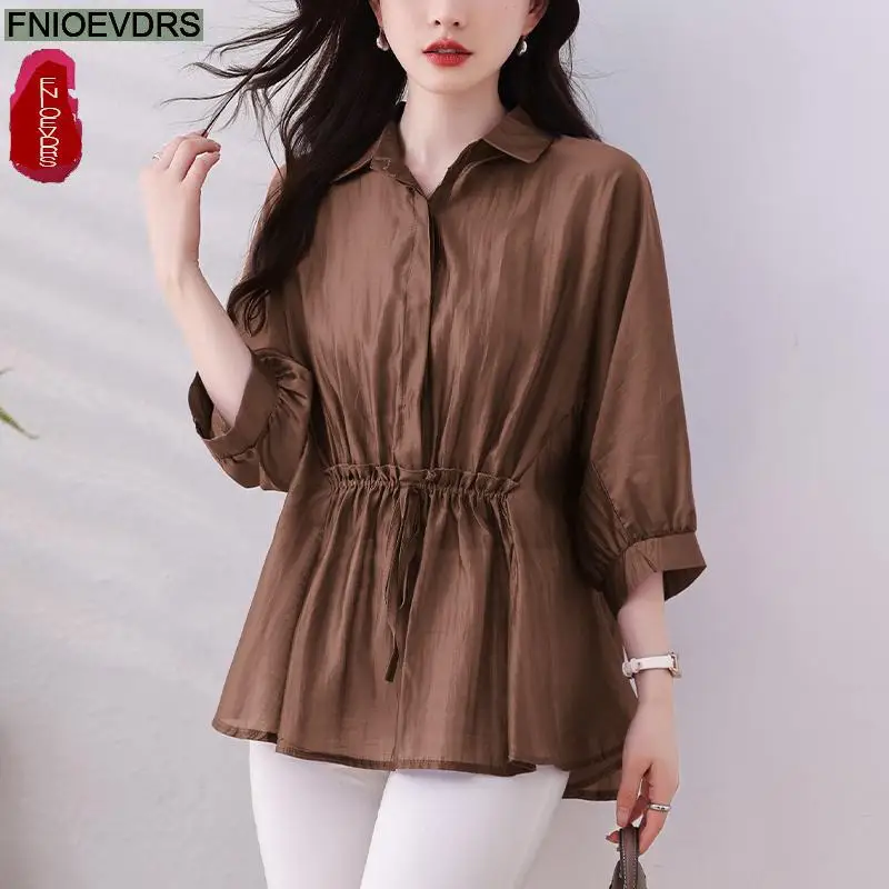 L-5XL Loose Clothes 2024 Summer Retro Button Tops Short Sleeve Women Tunic Fashion Purple Peplum Shirts Blouses